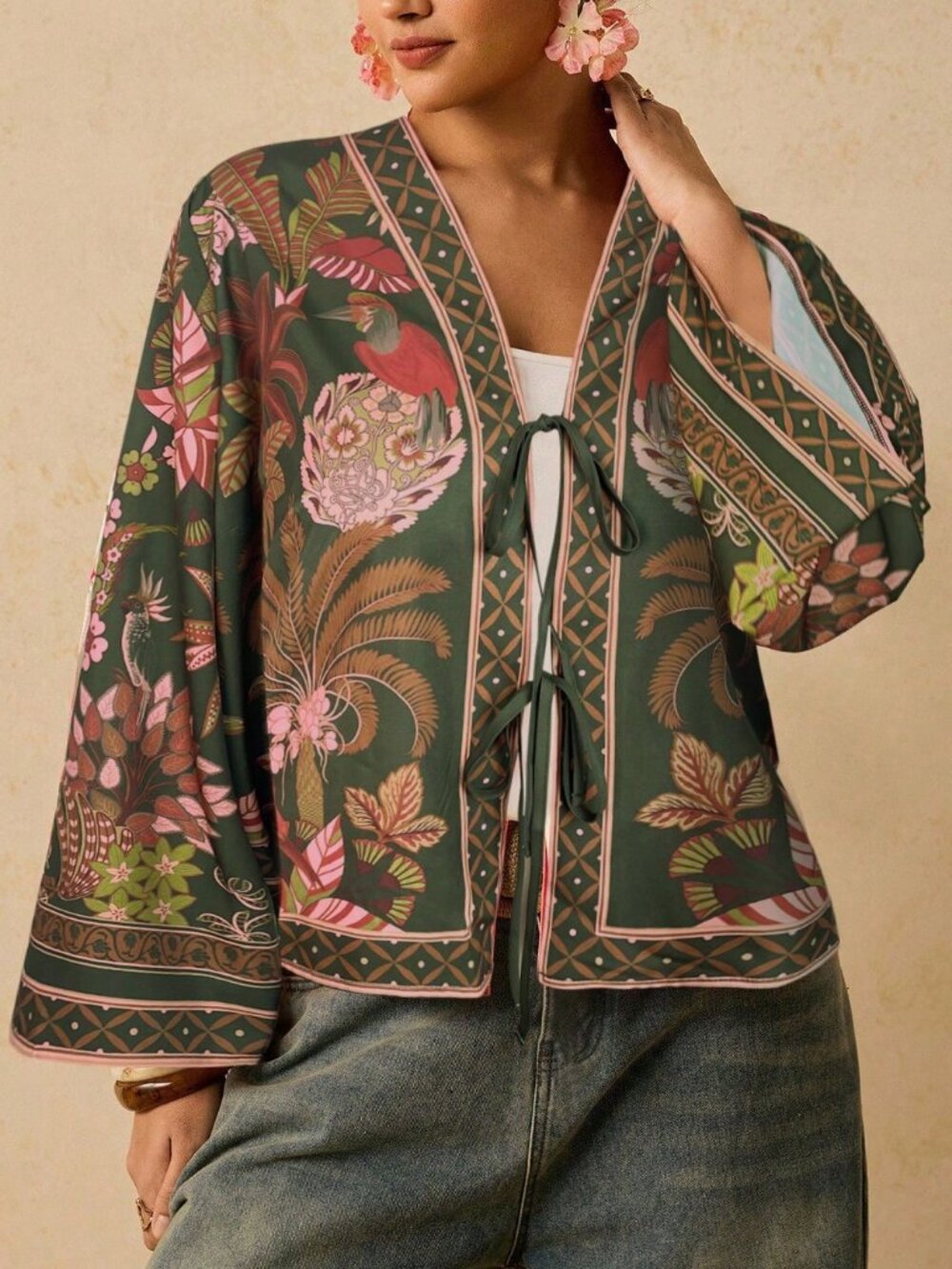 Dark Green Boho Women's Plus Size Vacation Plant Print Front Tie Shirt - Picture 3 of 6